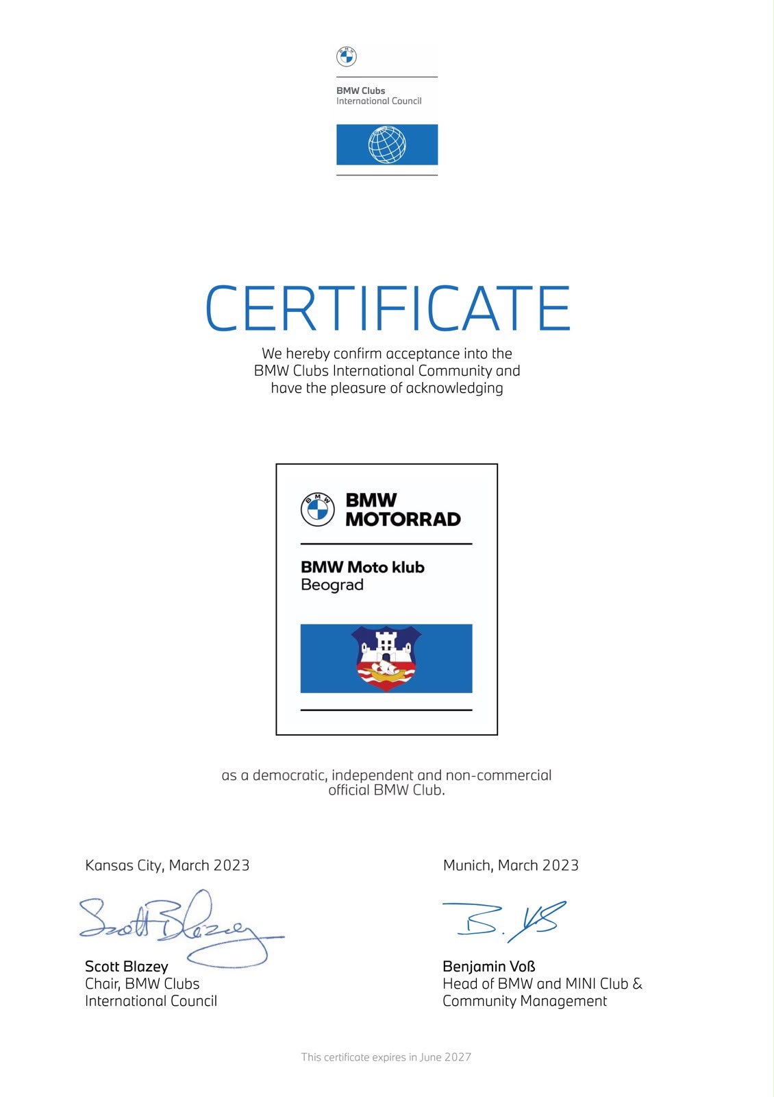 BMW Clubs International Council sertifikat za BMW Moto klub Beograd